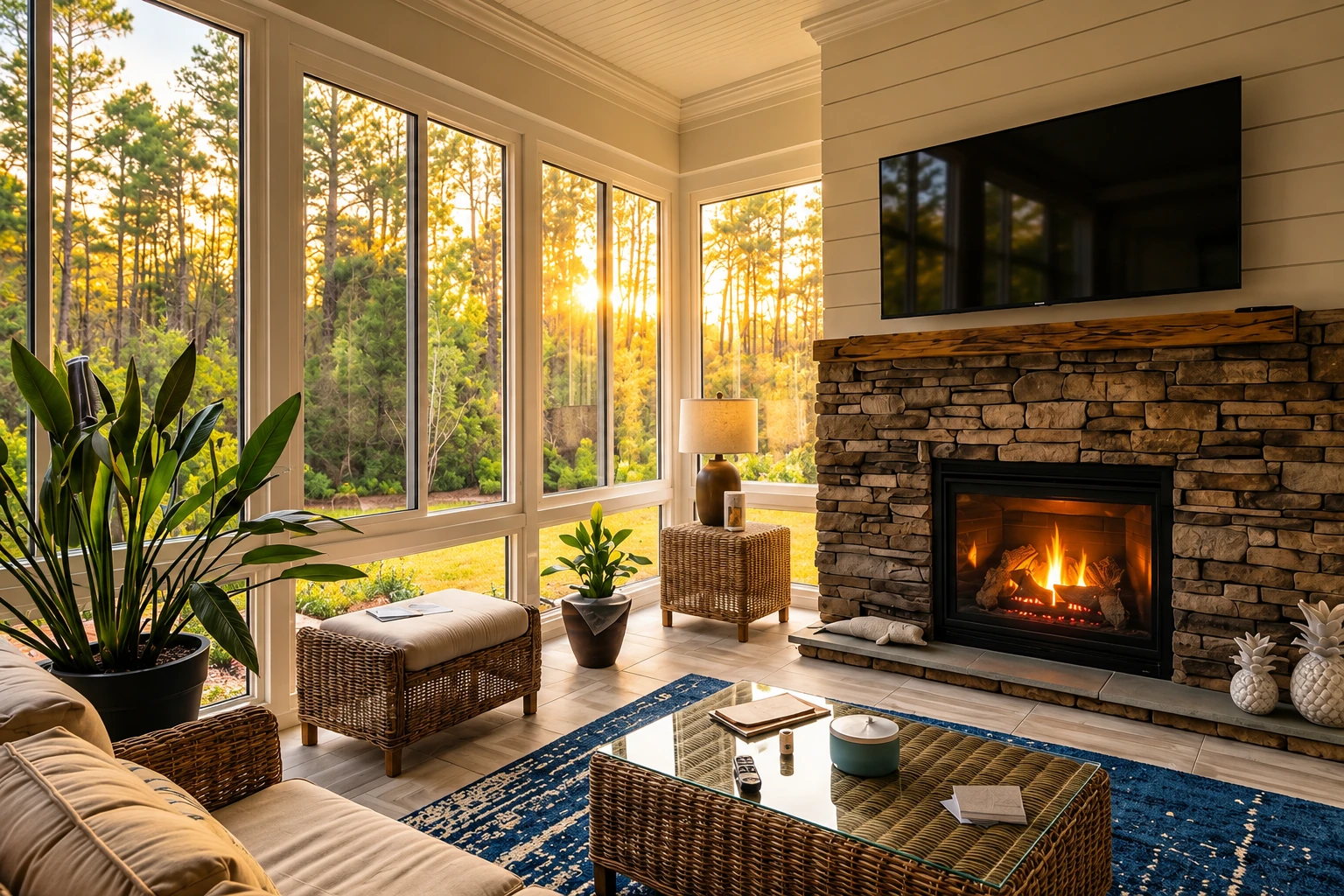 Cozy four-season sunroom with tall windows overlooking trees, a stone fireplace, wicker seating, and a blue rug.