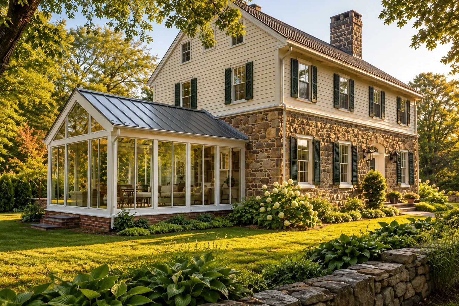 A glass sunroom with a dark metal roof extends from a cream-and-stone house, surrounded by trees and landscaped gardens.