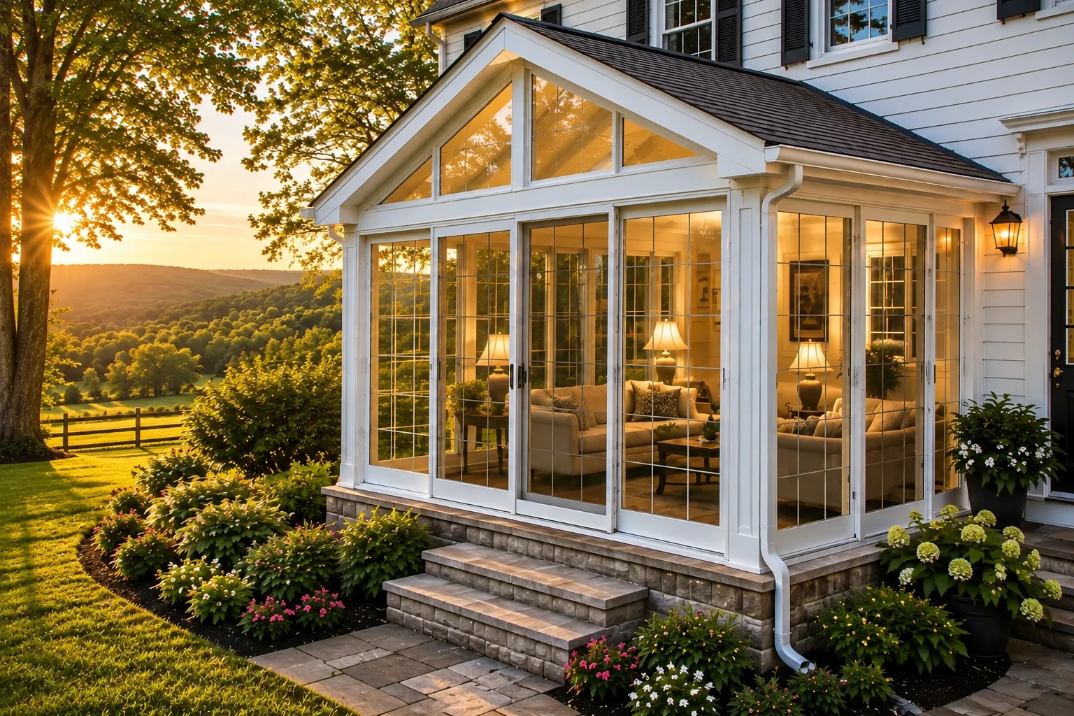 White-framed four-season sunroom attached to a house, with glass walls, a furnished interior, and a landscaped garden at sunset.