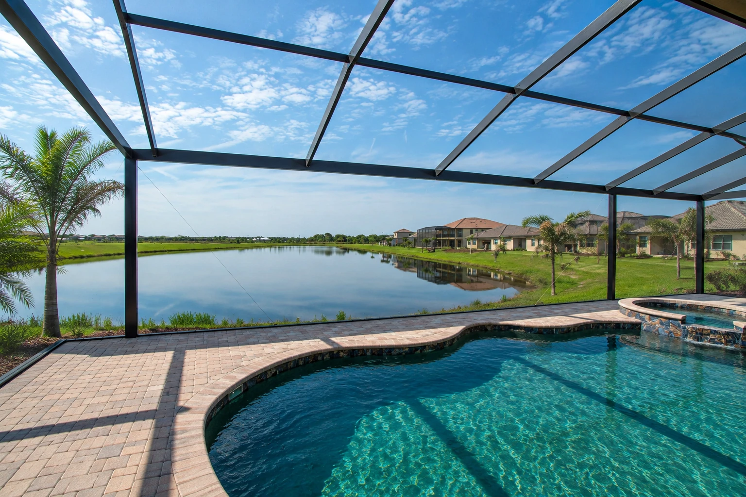 Covered patio with a dark-framed transparent roof over a swimming pool beside a calm lake.