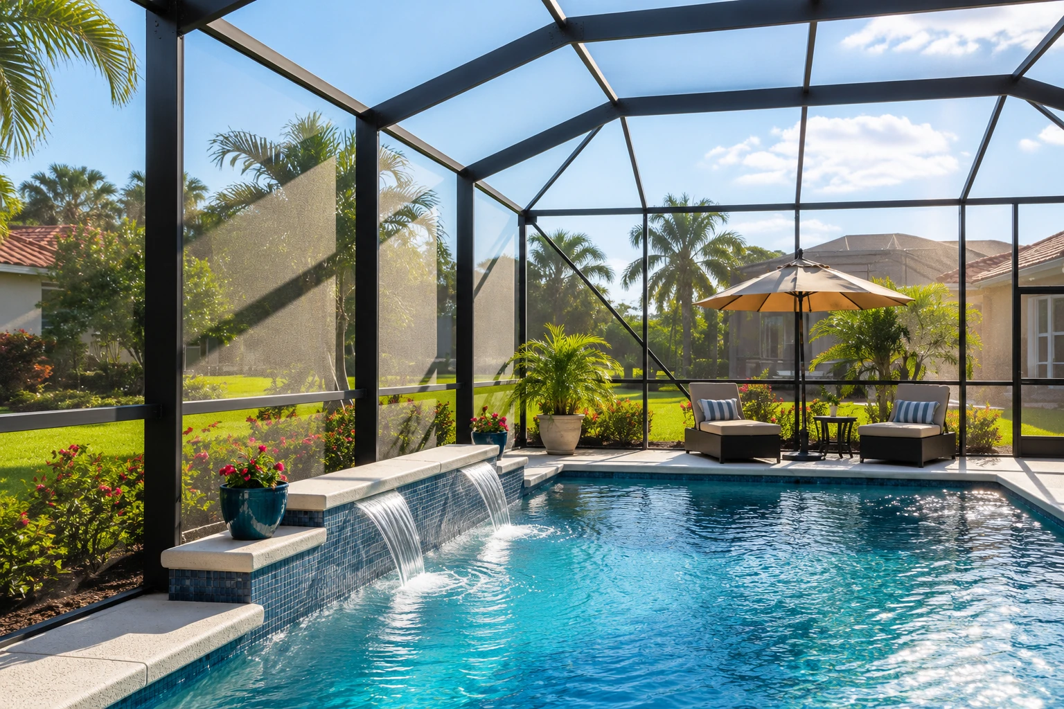 Screened-in pool enclosure with a dark metal frame, cascading water feature, lounge chairs and tropical landscaping.