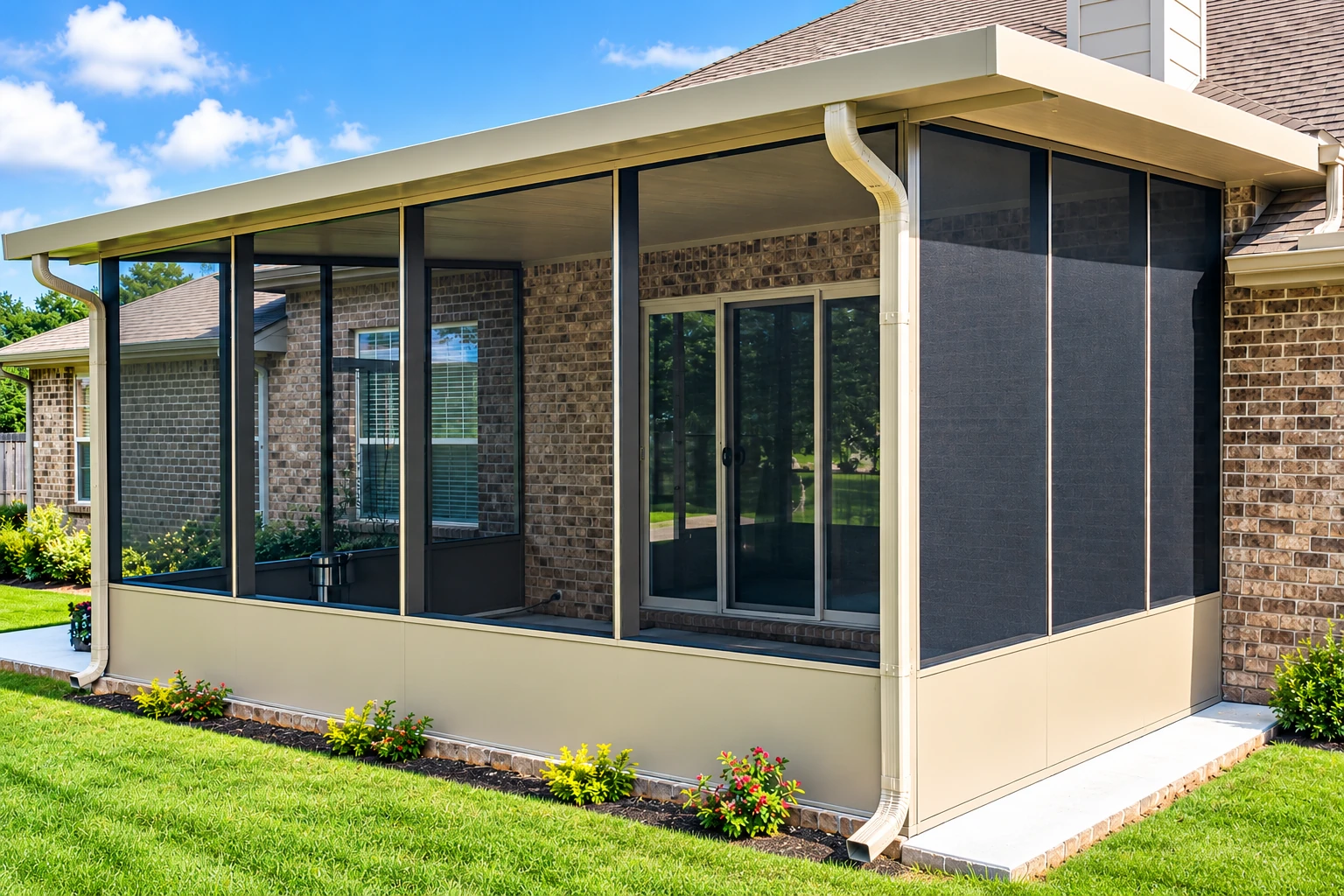 Covered patio enclosed with dark screens and solid lower panels beside a brick house.
