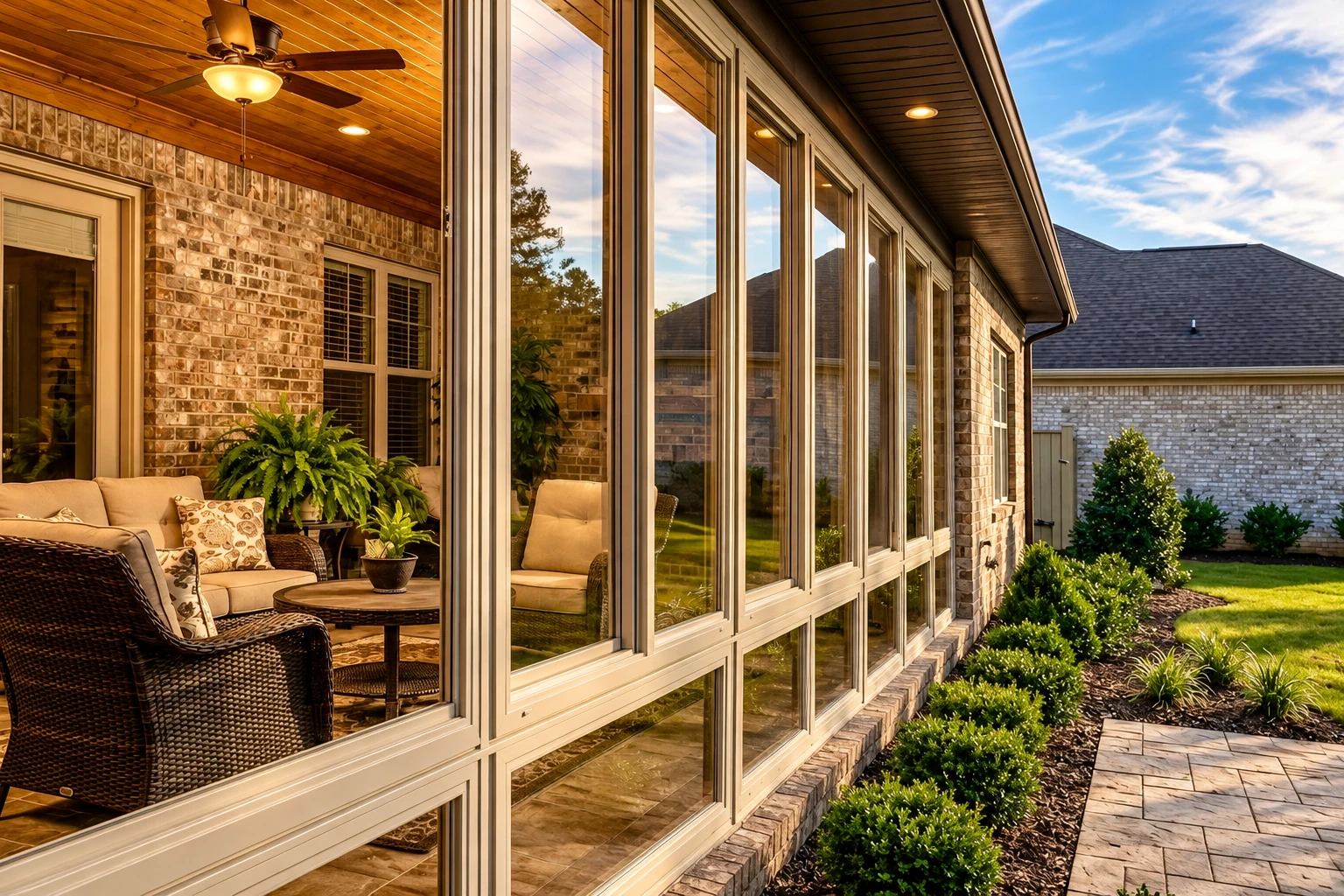 Tall glass panels enclose a brick patio with wicker seating beneath a wood-paneled ceiling and ceiling fan.