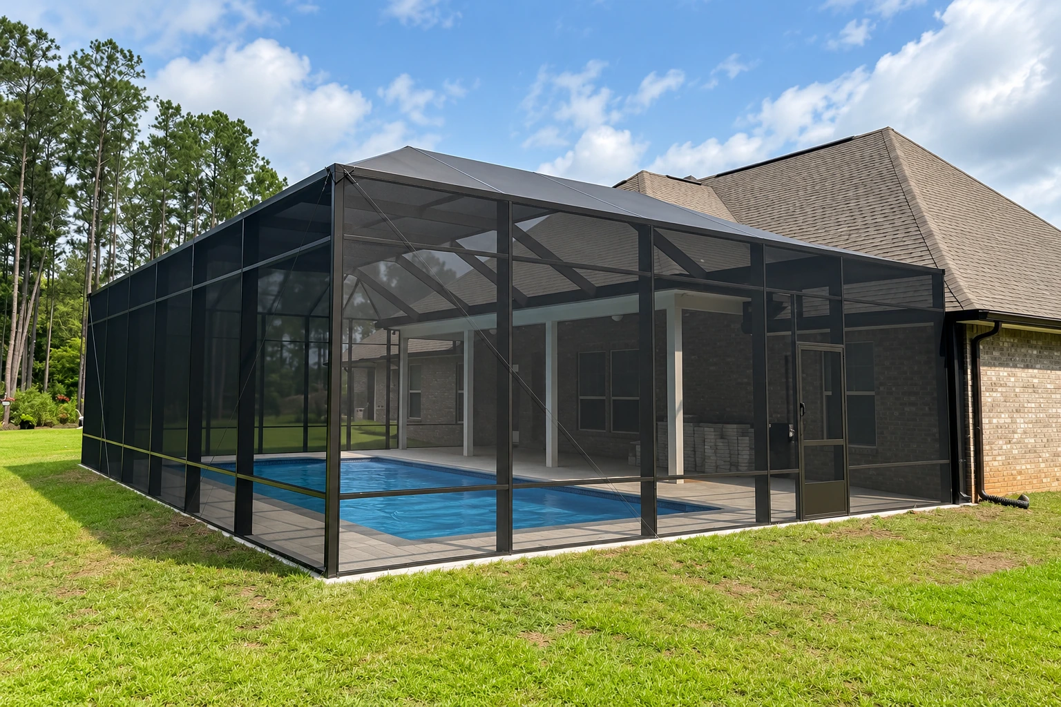 Black-framed screened enclosure surrounds a backyard swimming pool beside a brick house.