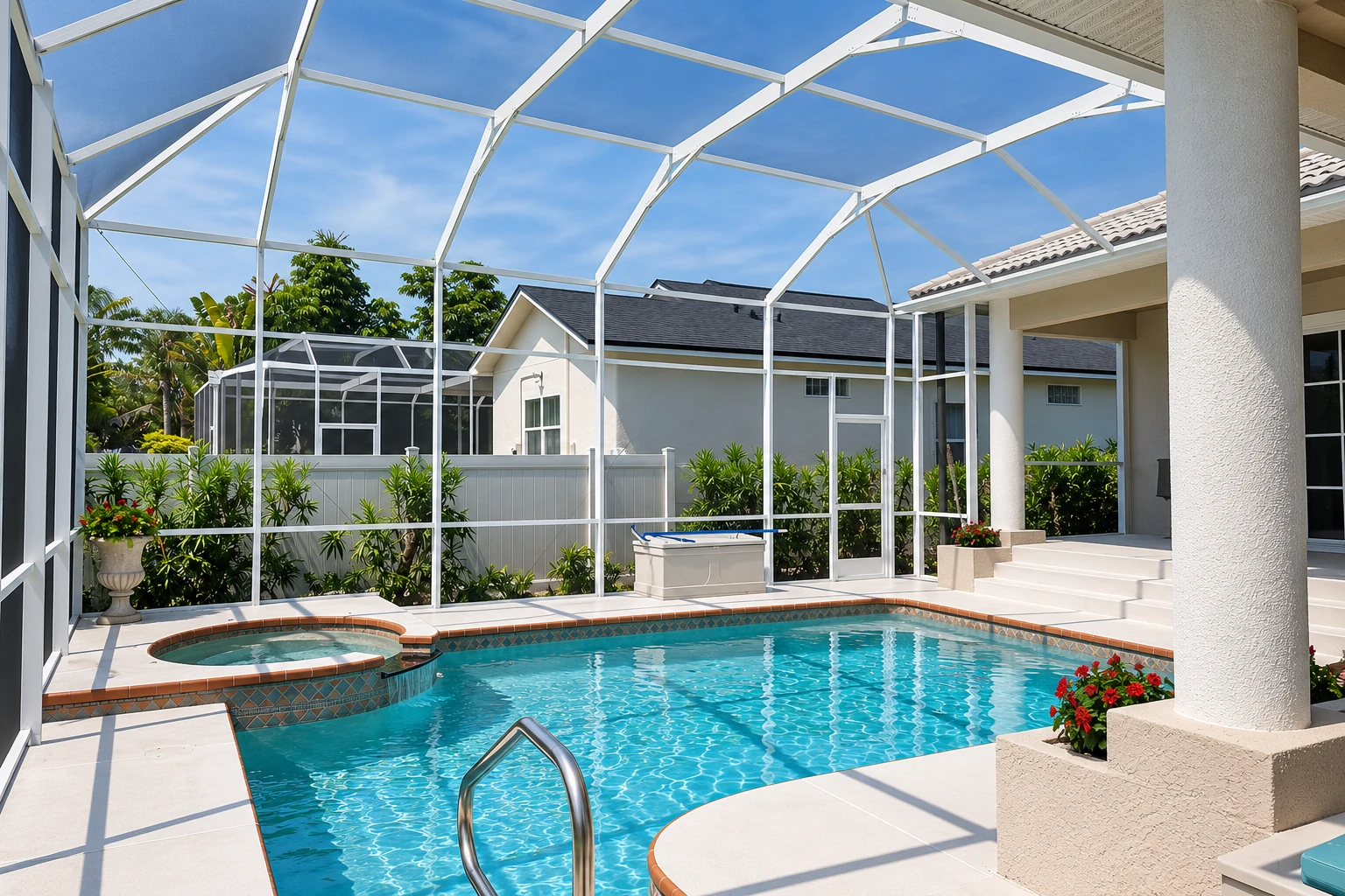 Screened pool enclosure with a white frame, blue swimming pool, and steps beside a house.