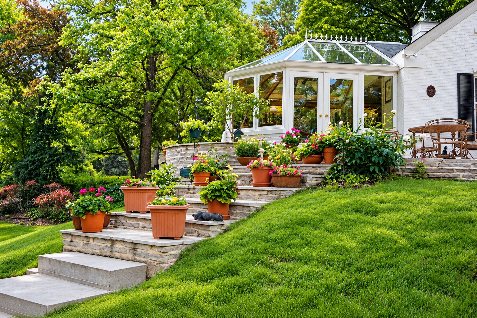 A white glass solarium with a peaked glass roof sits above stone steps lined with colorful potted flowers.