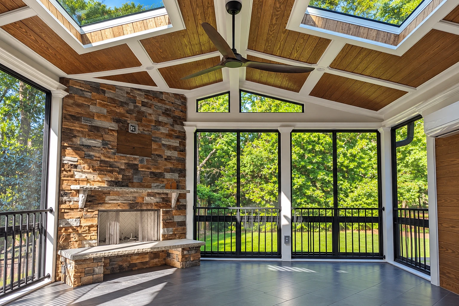 Sunroom addition with a stone fireplace, wood-paneled vaulted ceiling, skylights, ceiling fan, and large windows overlooking trees.
