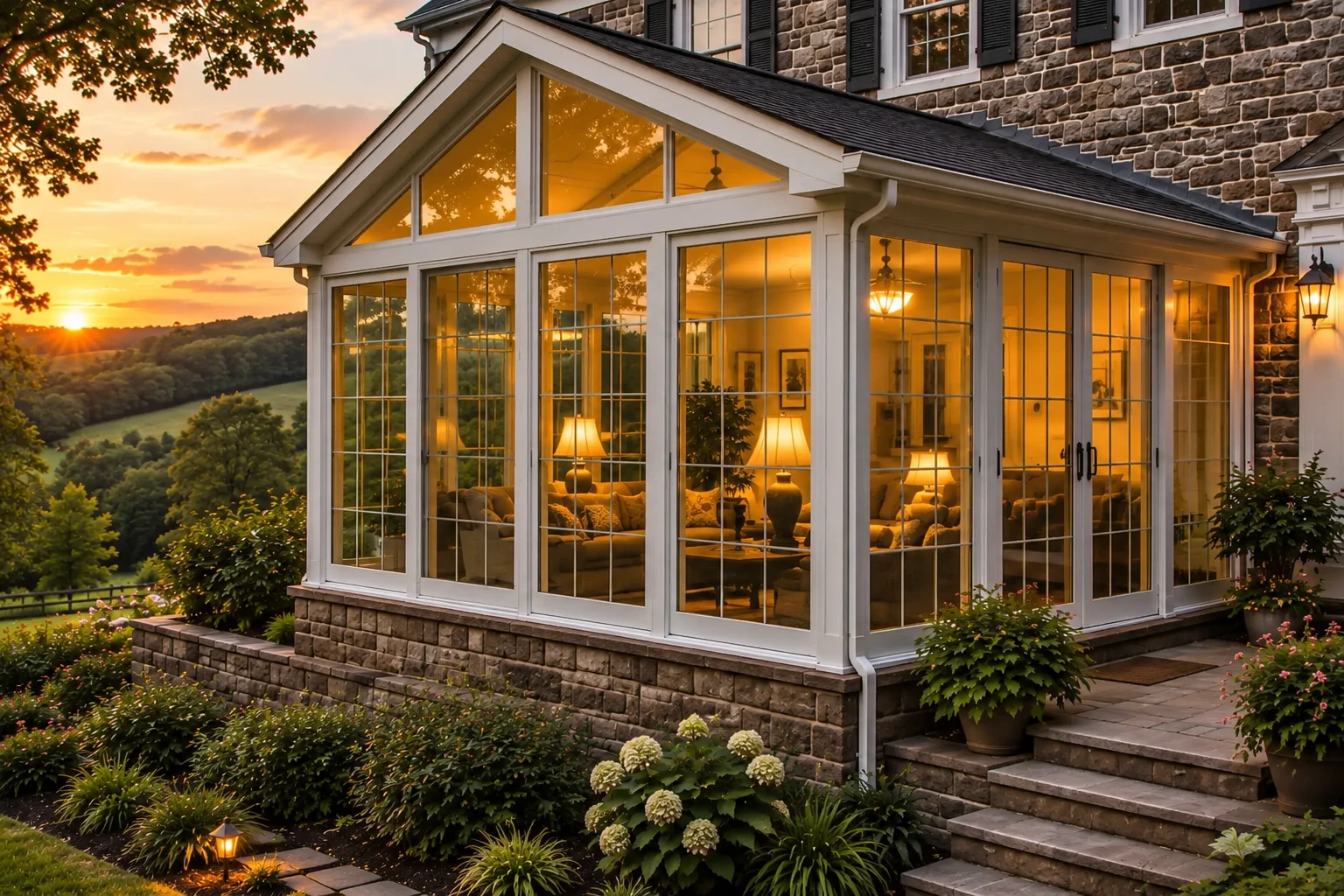 White-framed sunroom addition with a peaked glass roof glows at sunset beside a stone house and landscaped garden.
