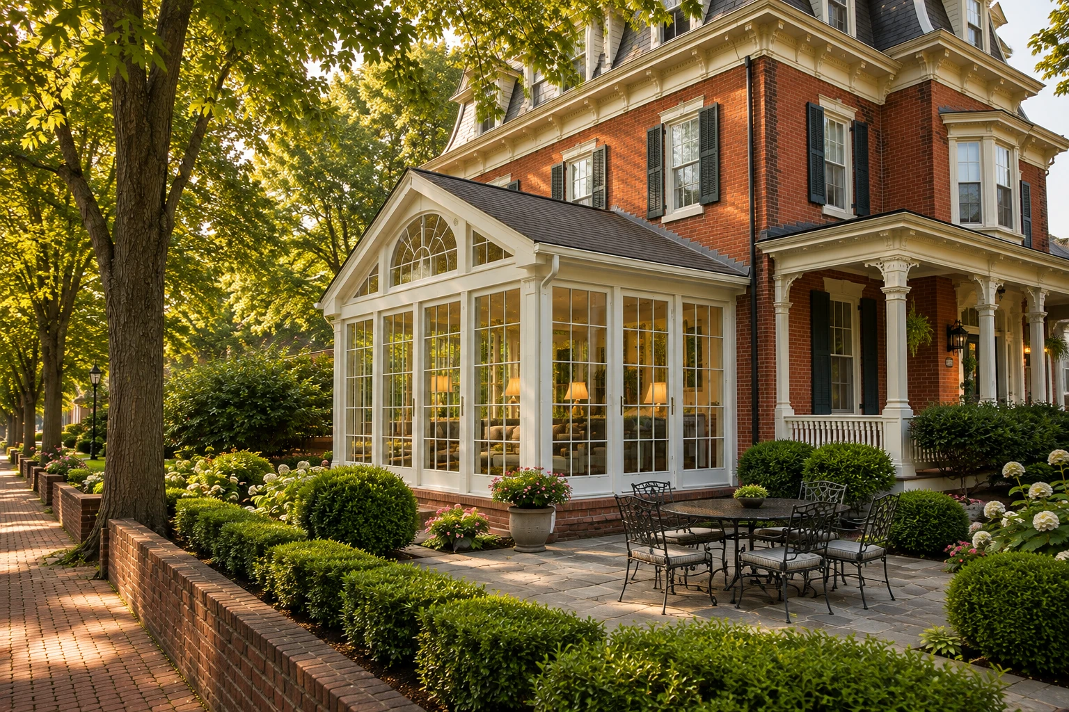 White-framed sunroom addition on a red-brick house, with a peaked glass front and a landscaped patio.