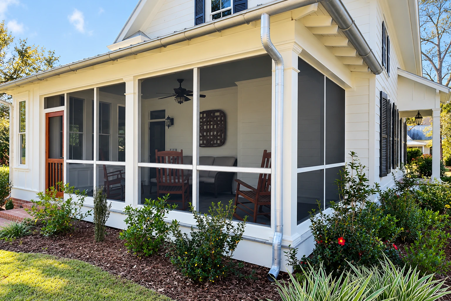 A white screened-in sunroom with dark mesh panels, a gabled roof, and wooden chairs, bordered by shrubs and a garden.