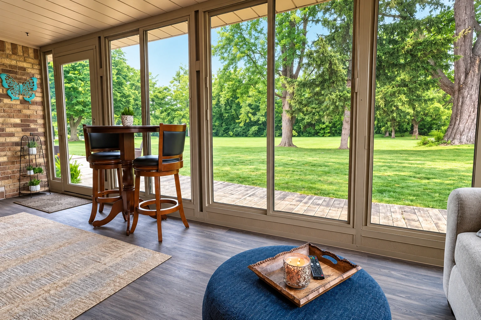 Three-season sunroom with tall windows overlooking a lawn, furnished with a small dining table and chairs.