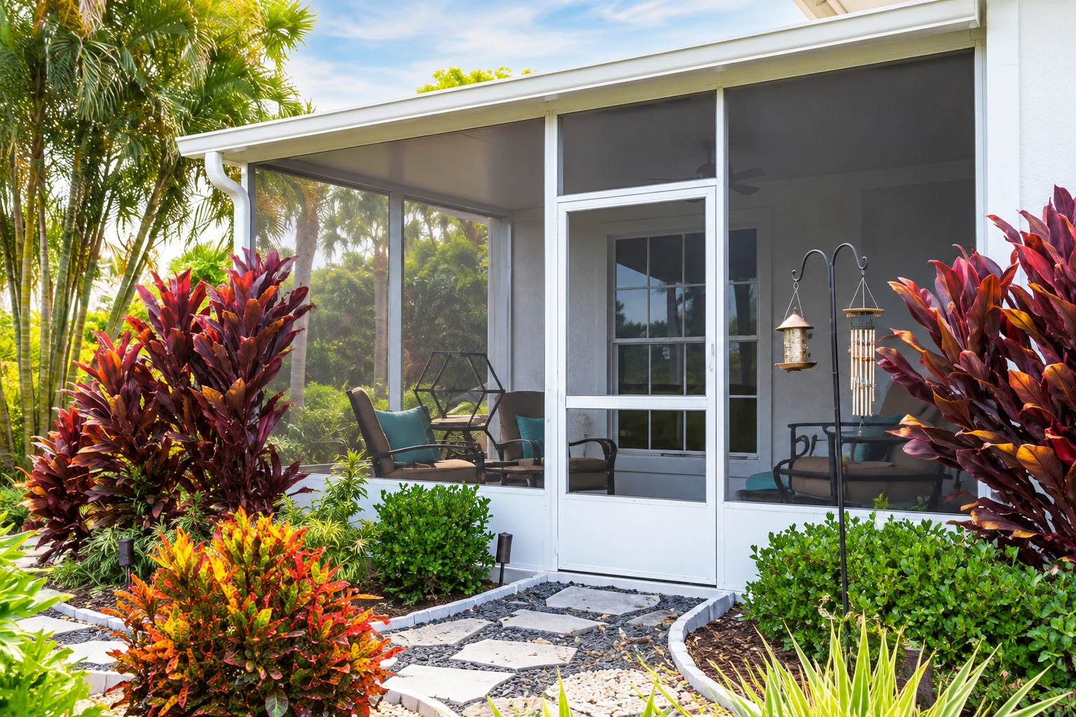 Three-season sunroom with white frames and screened panels, surrounded by tropical plants and a stone path.