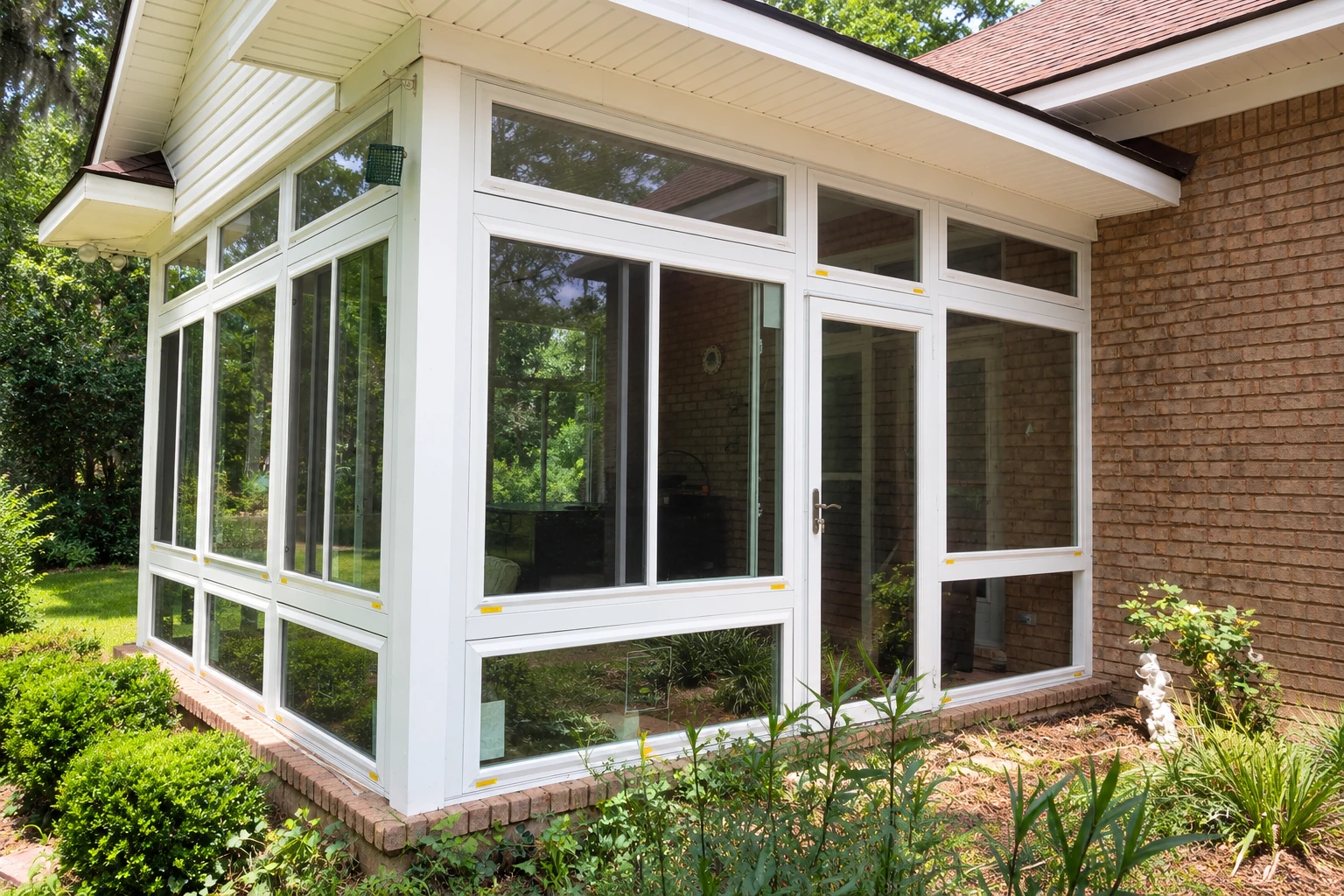 White vinyl sunroom with large windows and a glass door, attached to a brick house beside a landscaped garden.