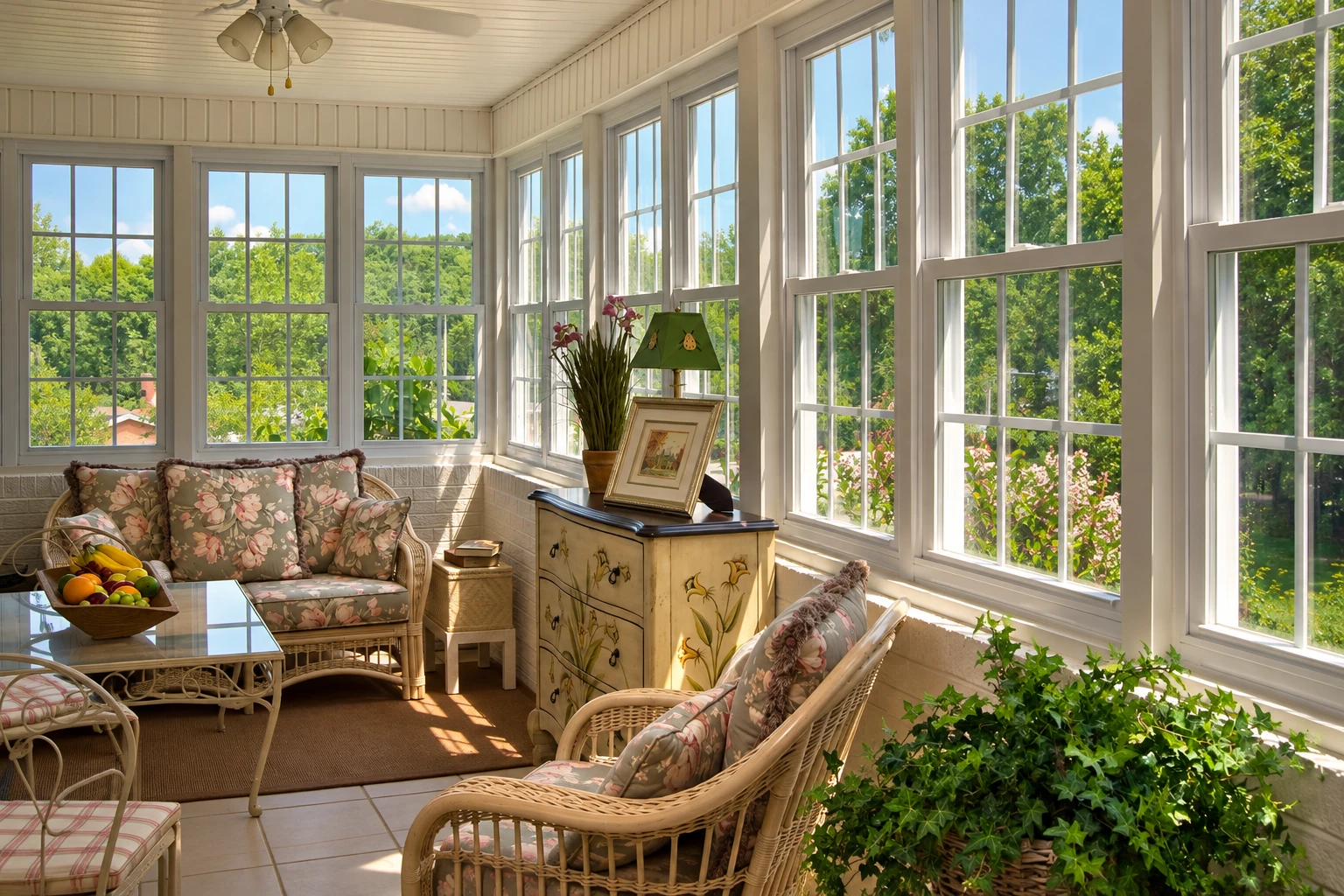 Bright vinyl sunroom with white-framed windows, wicker seating and views of a leafy garden.
